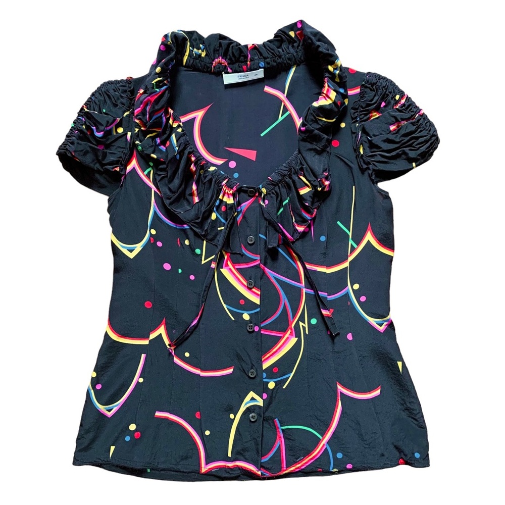 Prada Black Puff Sleeve Top with Neon Multicolor Abstract Print - Picture 3 of 7